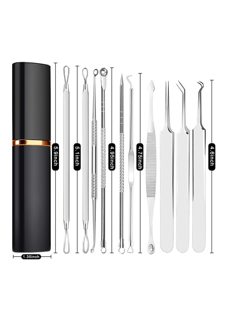 Pimple Popper Tool Kit, 10Pcs Blackhead Remover Comedone Extractor Tweezers Tool Kit with Metal Case for Quick and Easy Removal of Pimples, Blackheads, Zit Removing, Forehead, Facial and Nose Silver