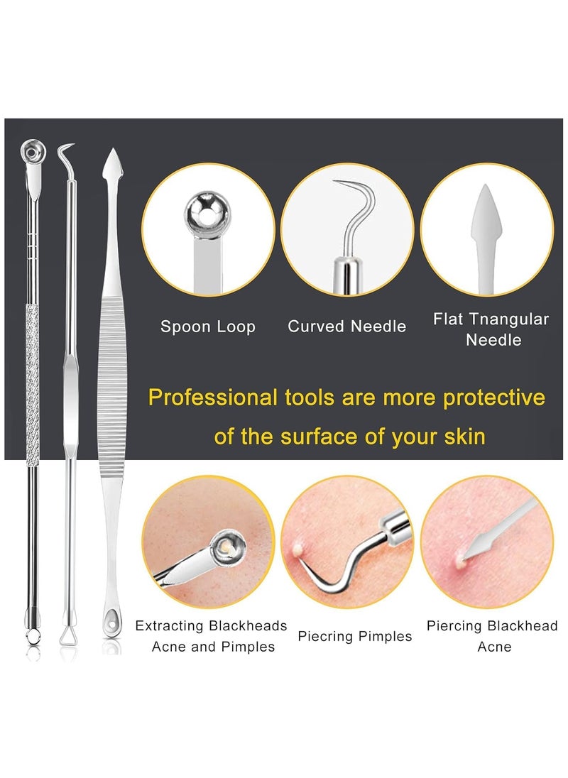 Pimple Popper Tool Kit, 10Pcs Blackhead Remover Comedone Extractor Tweezers Tool Kit with Metal Case for Quick and Easy Removal of Pimples, Blackheads, Zit Removing, Forehead, Facial and Nose Silver