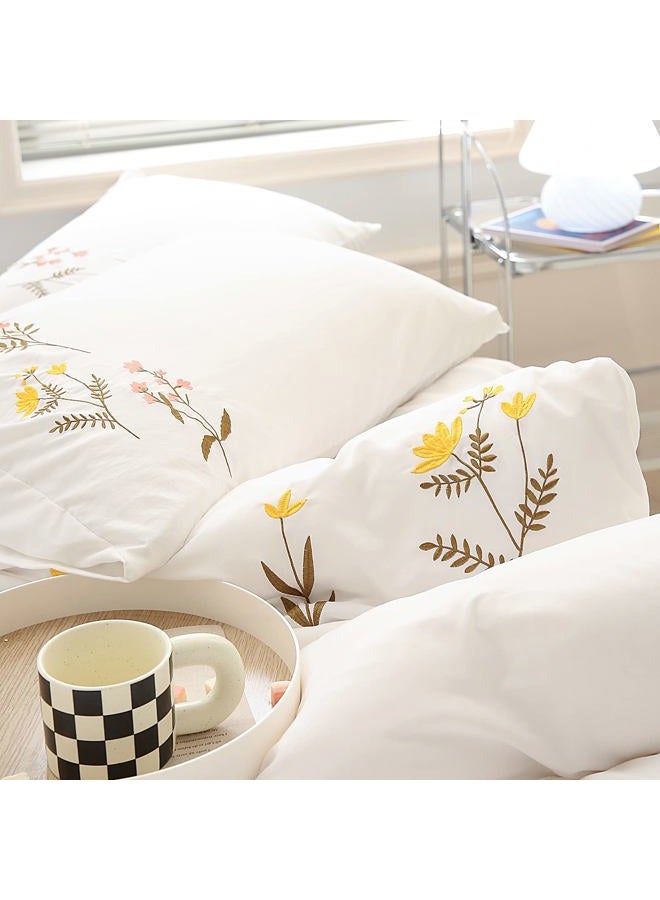 Move Over White Flower Pillow Cases Set of 2 Embroidery Flower Pillowcases King Size White Pastoral Pillow Covers Soft Washed Microfiber Girls Pink Yellow Flower Pillow Cases for Bedroom Decor - Image 5