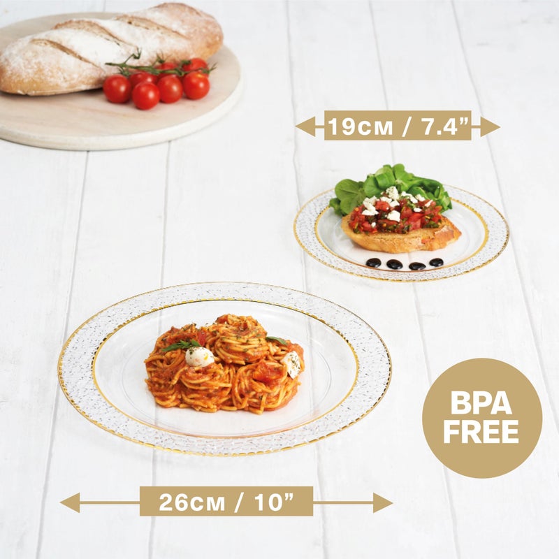 MATANA 40 Clear Plastic Party Plates with Hammered Gold Rim - 20 Dinner Plates 10.25 Inch + 20 Salad Dessert Appetizer Plates 7.5 Inch  Heavy Duty  Premium  Reusable for Parties  Wedding & Events - Image 3