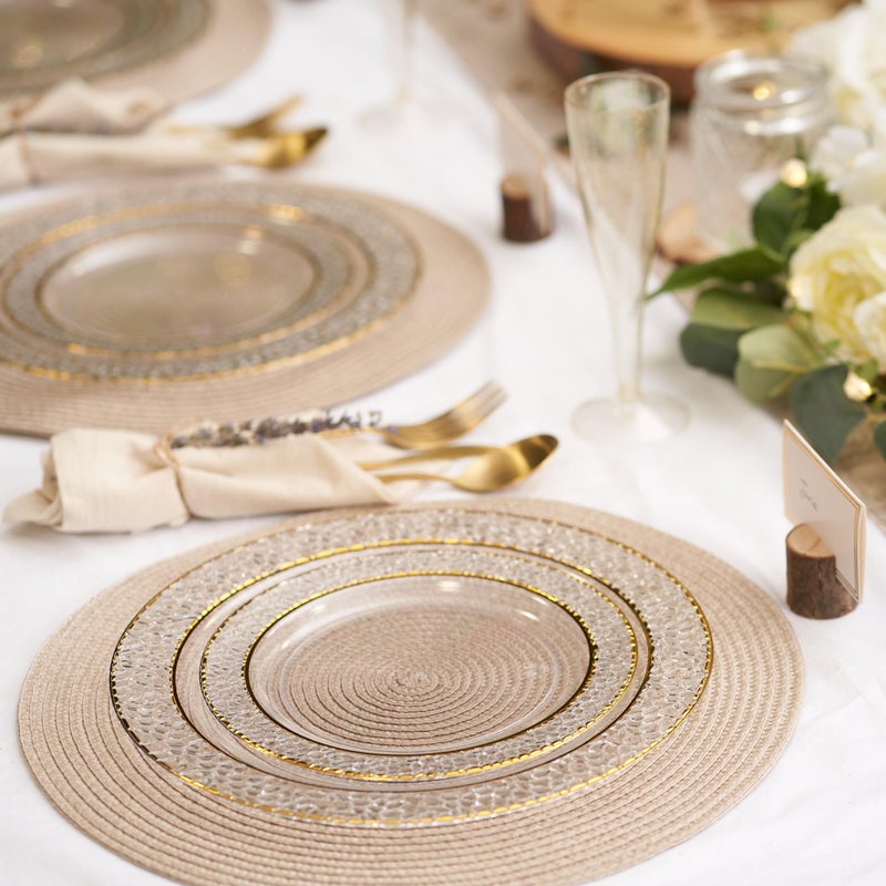 MATANA 40 Clear Plastic Party Plates with Hammered Gold Rim - 20 Dinner Plates 10.25 Inch + 20 Salad Dessert Appetizer Plates 7.5 Inch  Heavy Duty  Premium  Reusable for Parties  Wedding & Events - Image 2