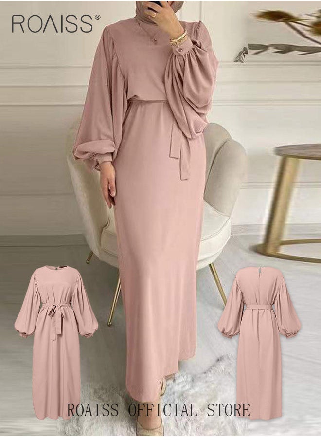 Abaya with Belt for Women Ladies Long Sleeve Dress Classic Style Lantern Sleeve Tunic Round Neck Casual Elegant Dress for Daily Outfit - pzsku/Z3D505ADDB22C78748710Z/45/_/1684489623/38f36151-f7fd-47a1-bf22-60029ad0db9b