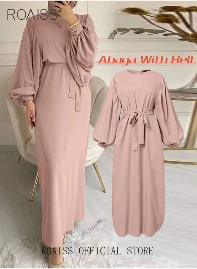 Abaya with Belt for Women Ladies Long Sleeve Dress Classic Style Lantern Sleeve Tunic Round Neck Casual Elegant Dress for Daily Outfit - pzsku/Z3D505ADDB22C78748710Z/45/_/1684489623/b1396c9a-b2cb-4182-829e-3ec7557aa451