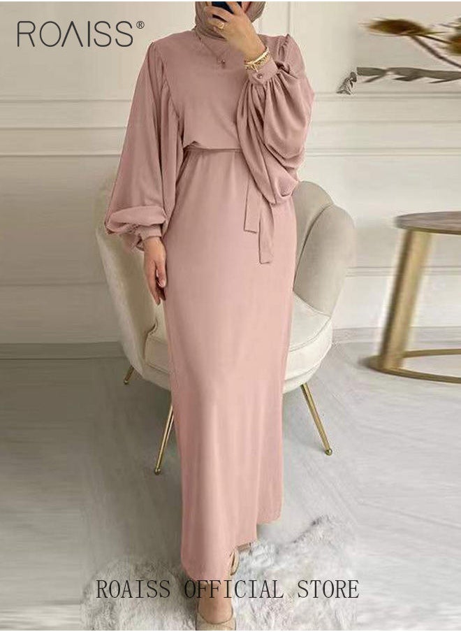 Abaya with Belt for Women Ladies Long Sleeve Dress Classic Style Lantern Sleeve Tunic Round Neck Casual Elegant Dress for Daily Outfit - pzsku/Z3D505ADDB22C78748710Z/45/_/1684489624/a59b1674-e7ae-41ff-b810-7838a9ca6603