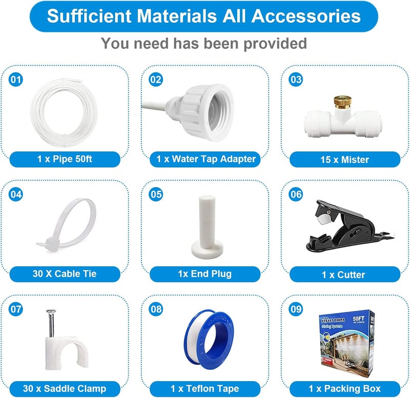 POCKET PANDA Misters for Outside Patio,Misting System for Cooling Outdoor,50Ft (15M),Water Mist Hose DIY Kit for Porch,Canopy,Deck,Umbrella,Garden,Greenhouse,Yard,Plants,Trampoline Sprinkler Accessories for Kids - Image 4