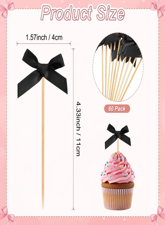 M METERXITY 60-Pack Bow Cupcake Toppers, Ribbon Bow Cake Toppers Bowknot Cupcake Picks Birthday Cake Decor for Bridal Shower/Wedding/Bachelorette Party/Birthday Decorations [Black] - Image 3