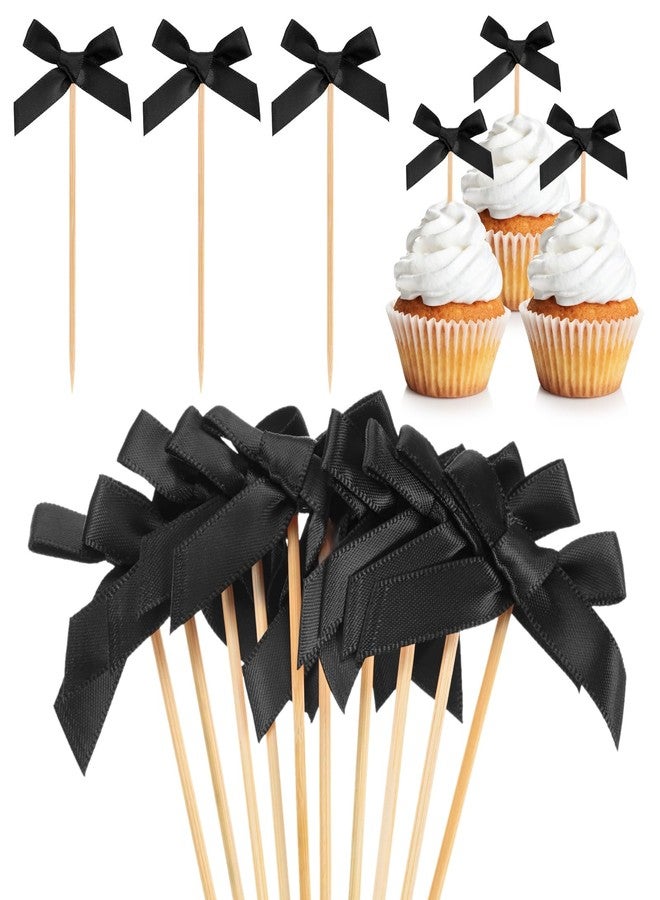 M METERXITY 60-Pack Bow Cupcake Toppers, Ribbon Bow Cake Toppers Bowknot Cupcake Picks Birthday Cake Decor for Bridal Shower/Wedding/Bachelorette Party/Birthday Decorations [Black] - Image 1