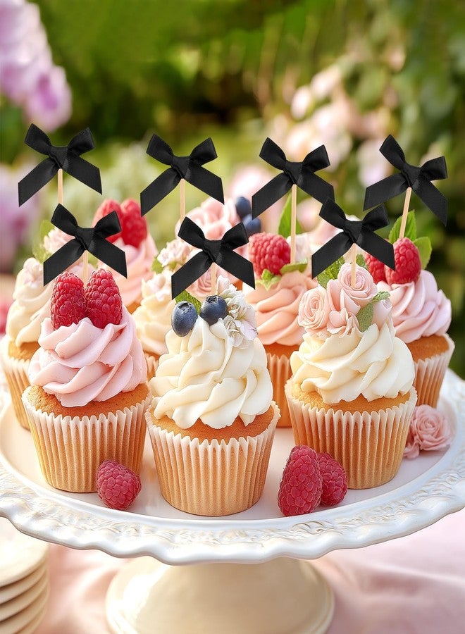 M METERXITY 60-Pack Bow Cupcake Toppers, Ribbon Bow Cake Toppers Bowknot Cupcake Picks Birthday Cake Decor for Bridal Shower/Wedding/Bachelorette Party/Birthday Decorations [Black] - Image 4