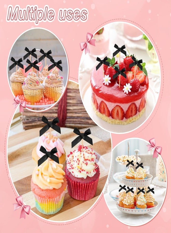 M METERXITY 60-Pack Bow Cupcake Toppers, Ribbon Bow Cake Toppers Bowknot Cupcake Picks Birthday Cake Decor for Bridal Shower/Wedding/Bachelorette Party/Birthday Decorations [Black] - Image 5