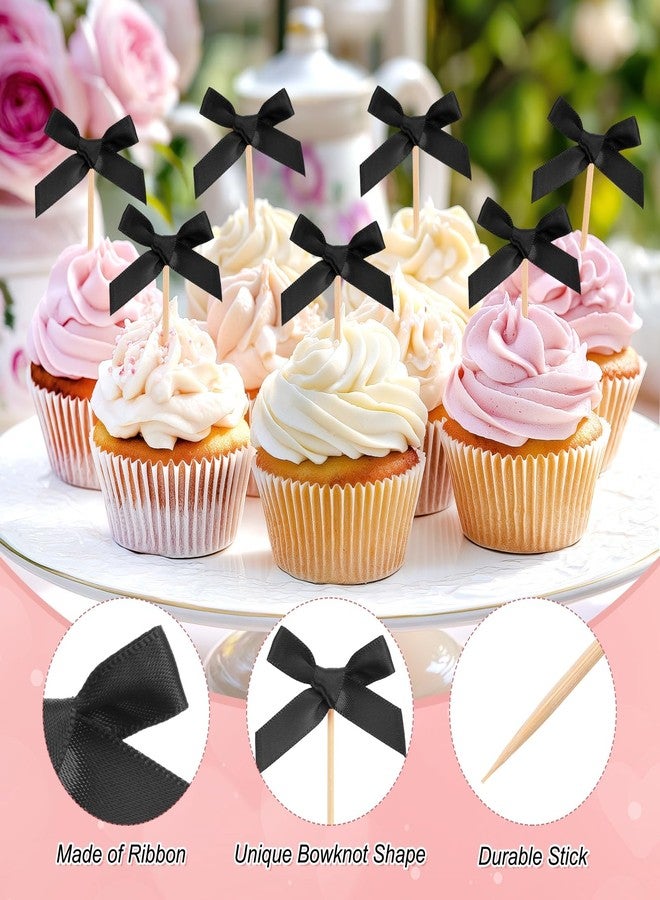 M METERXITY 60-Pack Bow Cupcake Toppers, Ribbon Bow Cake Toppers Bowknot Cupcake Picks Birthday Cake Decor for Bridal Shower/Wedding/Bachelorette Party/Birthday Decorations [Black] - Image 2