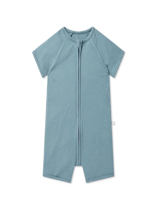 MORI Baby Unisex Summer Zip-Up Romper in Ribbed Blue - Viscose from Bamboo - Breathable Short Sleeve Pajama - Comfy Nightwear - 6-9 Months - Image 1