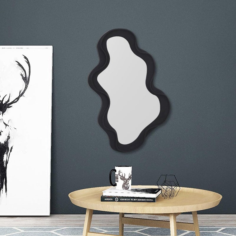 Hosoncovy Irregular Frame Wall Hanging Decorative Makeup Vanity Mirror for Bathroom Living Room Bedroom Black