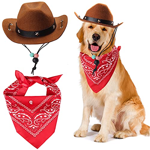 Yewong Pet Cowboy Costume Accessories - Dog Cat Pet Size Cowboy Hat and Bandana Scarf West Accessories for Puppy Kitten Party Festival and Daily Wearing Set of 2 (Coffee) - Image 1