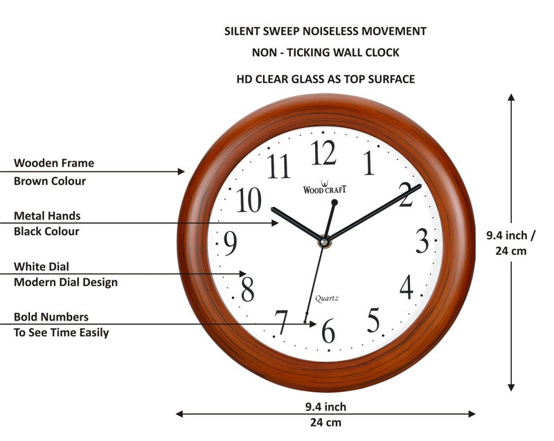 Wood Craft WS-17: Traditional Analog Wooden Wall Clock - 24 cm x 24 cm x 4 cm, Round, Brown Frame-White Dial - Image 2
