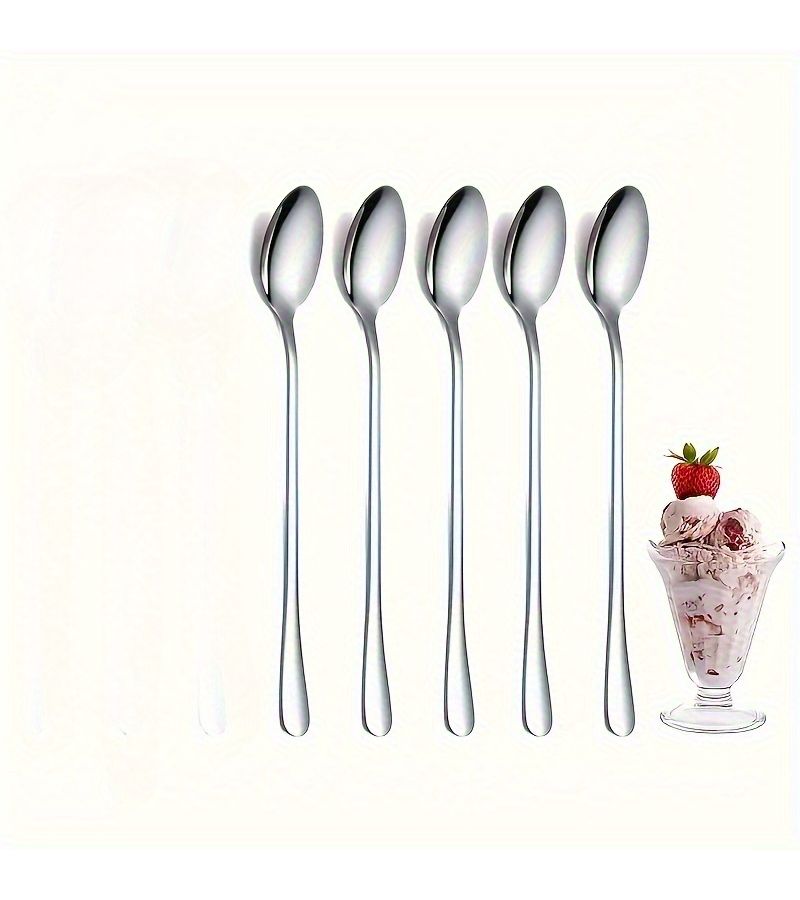 5pcs Stainless Steel Long Handle Spoon Set Heavy Duty Ice Tea Coffee Ice Cream Stirring Spoons Silver for Cafes Restaurants Dishwasher Safe - Image 4