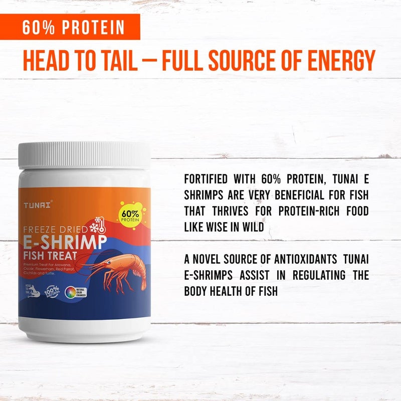 TUNAI جمبري مجفف بالتجميد E-Shrimp مع 60% بروتين | 50 جرام | طعام سمك للأروانا، فلوهرون، باروت أحمر، أوسكار، سلحفاة وتيرتويز - لجميع مراحل الحياة - Image 2