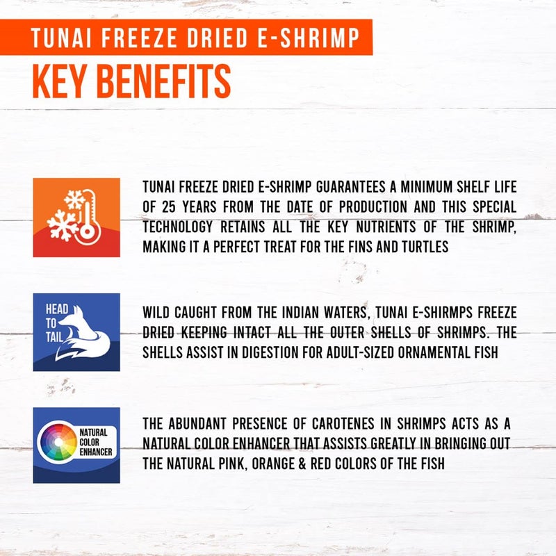 TUNAI جمبري مجفف بالتجميد E-Shrimp مع 60% بروتين | 50 جرام | طعام سمك للأروانا، فلوهرون، باروت أحمر، أوسكار، سلحفاة وتيرتويز - لجميع مراحل الحياة - Image 4