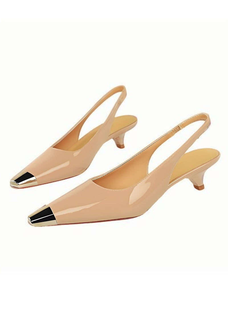 بيج تري المرأة المعدنية مغلقة مربع إصبع القدم قطة كعب مضخات مع حزام ساندال لون عاري 3.5CM - Image 1