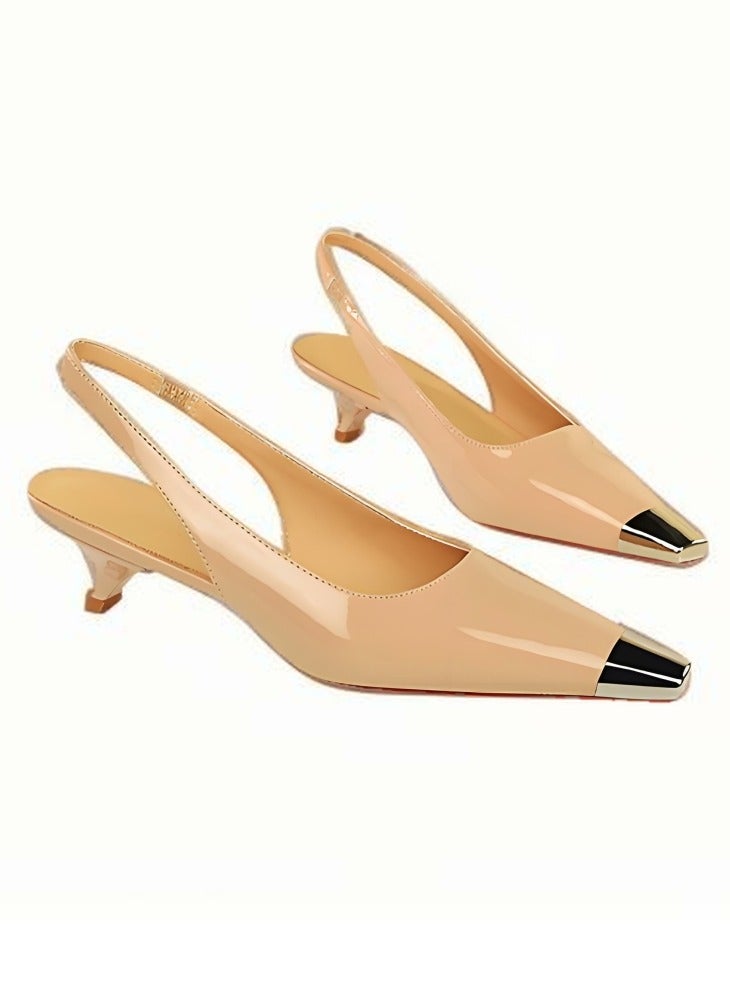 بيج تري المرأة المعدنية مغلقة مربع إصبع القدم قطة كعب مضخات مع حزام ساندال لون عاري 3.5CM - Image 2