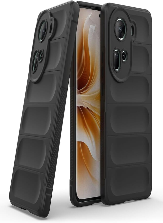 (For Reno 11 5G) Akira Back Case For Oppo Reno 11 5G Back Cover Ultra Thin Liquid Silicone Rubber Soft TPU Flexible Bumper Hybrid Rugged Armor Shockproof Smooth Surface Protective Case (Black)