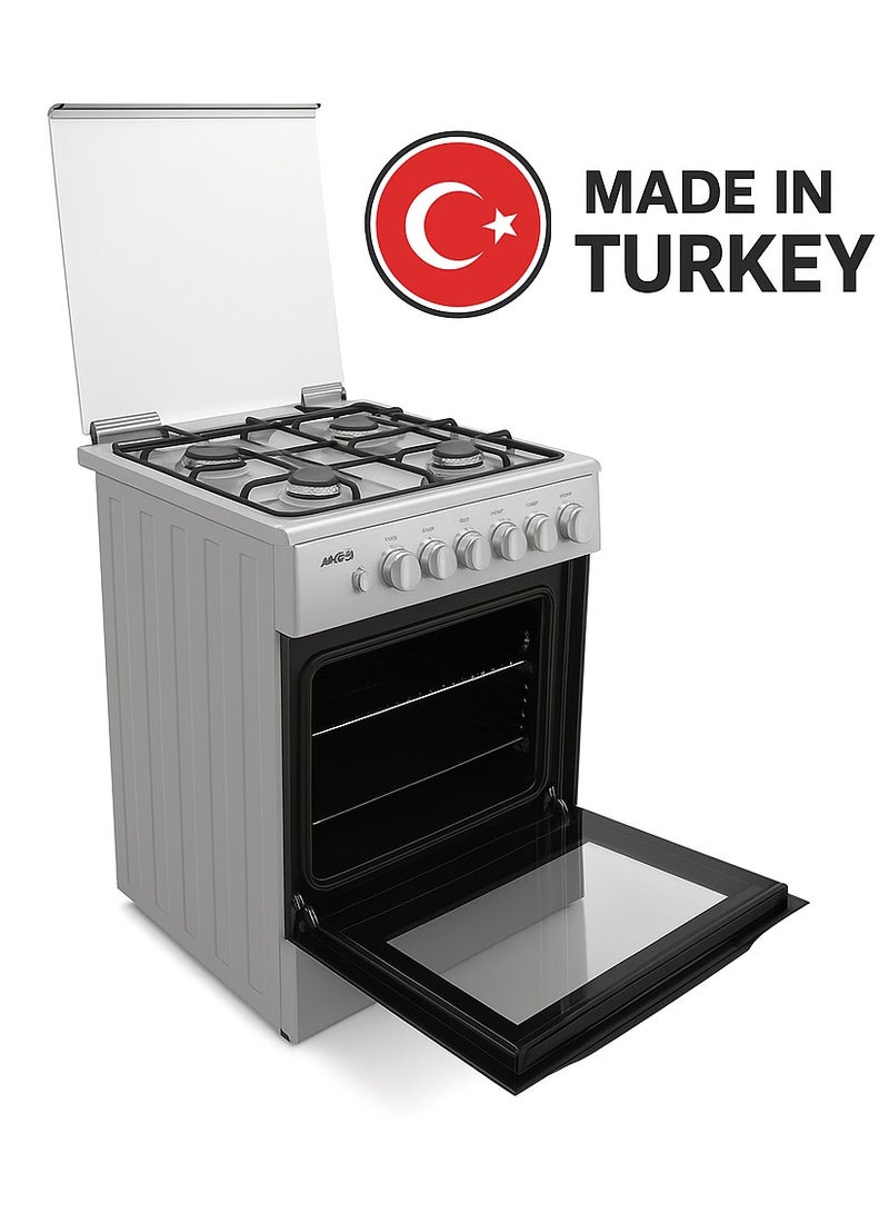 Arrow 4 Gas Burners, Made in Turkey,FREE STANDING OVEN, Stainless Steel Body, Mechanical Timer, Silver Color, Full Safety Device, Oven Lamp, Removable Inner Glass | Model Name: RO-5060GSKS - Image 1