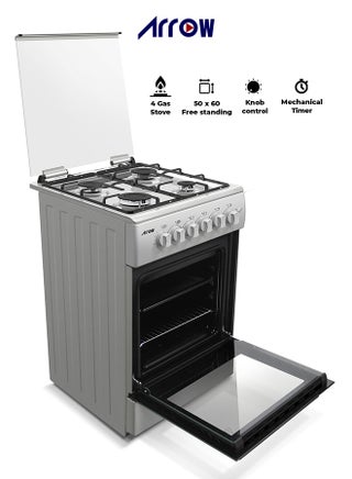 4 Gas Burners, FREE STANDING OVEN, Stainless Steel Body, Mechanical Timer, Silver Color, Full Safety Device, Oven Lamp, Removable Inner Glass | Model Name: RO-5060GSKS - pzsku/Z3D5114842367A5773901Z/45/_/1730813199/77070320-3db8-4b75-ba57-3a1ff2df7d23