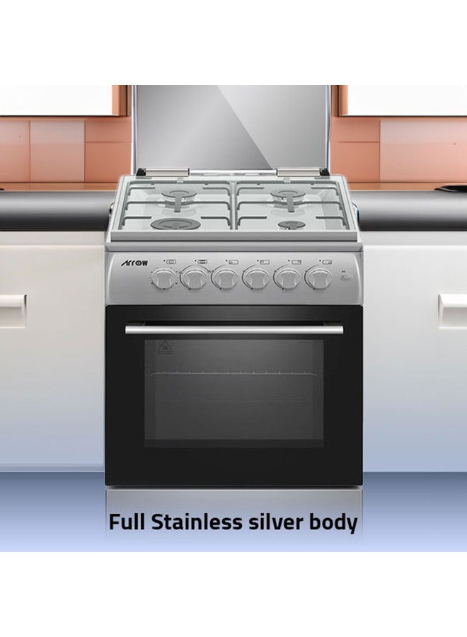 4 Gas Burners, FREE STANDING OVEN, Stainless Steel Body, Mechanical Timer, Silver Color, Full Safety Device, Oven Lamp, Removable Inner Glass | Model Name: RO-5060GSKS