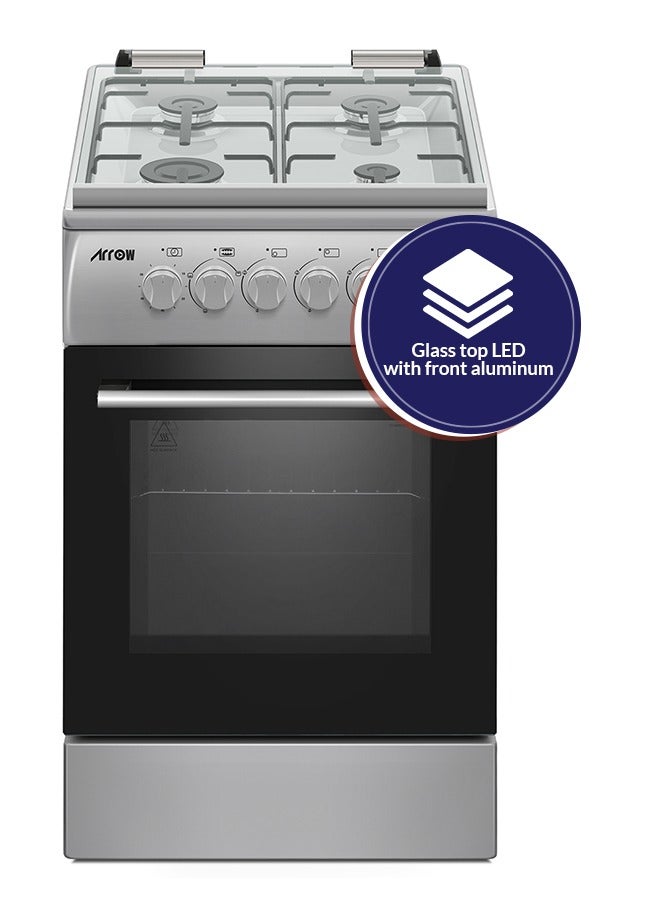 4 Gas Burners, FREE STANDING OVEN, Stainless Steel Body, Mechanical Timer, Silver Color, Full Safety Device, Oven Lamp, Removable Inner Glass | Model Name: RO-5060GSKS