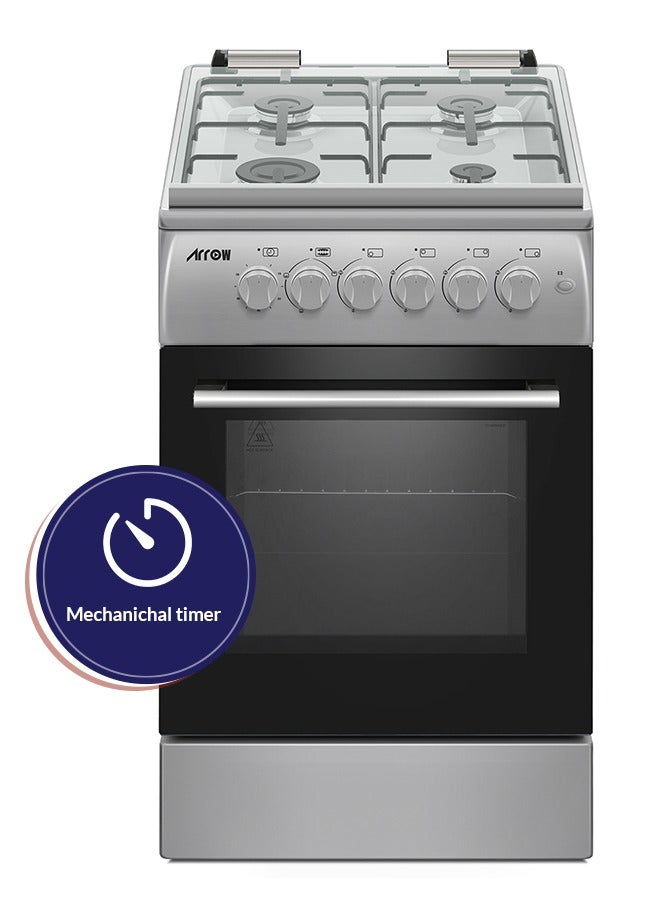 4 Gas Burners, FREE STANDING OVEN, Stainless Steel Body, Mechanical Timer, Silver Color, Full Safety Device, Oven Lamp, Removable Inner Glass | Model Name: RO-5060GSKS