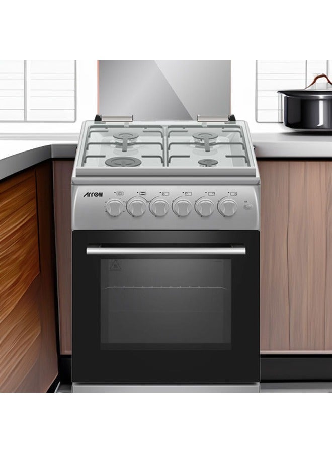 4 Gas Burners, FREE STANDING OVEN, Stainless Steel Body, Mechanical Timer, Silver Color, Full Safety Device, Oven Lamp, Removable Inner Glass | Model Name: RO-5060GSKS