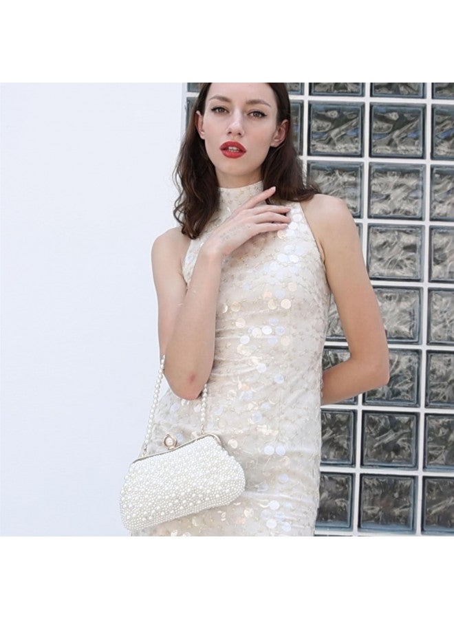 UBORSE UBORSE Women Pearl Clutch Bead Rhinestone Evening Clutch Bag with removable Pearl Chain Ivory White  - Image 2