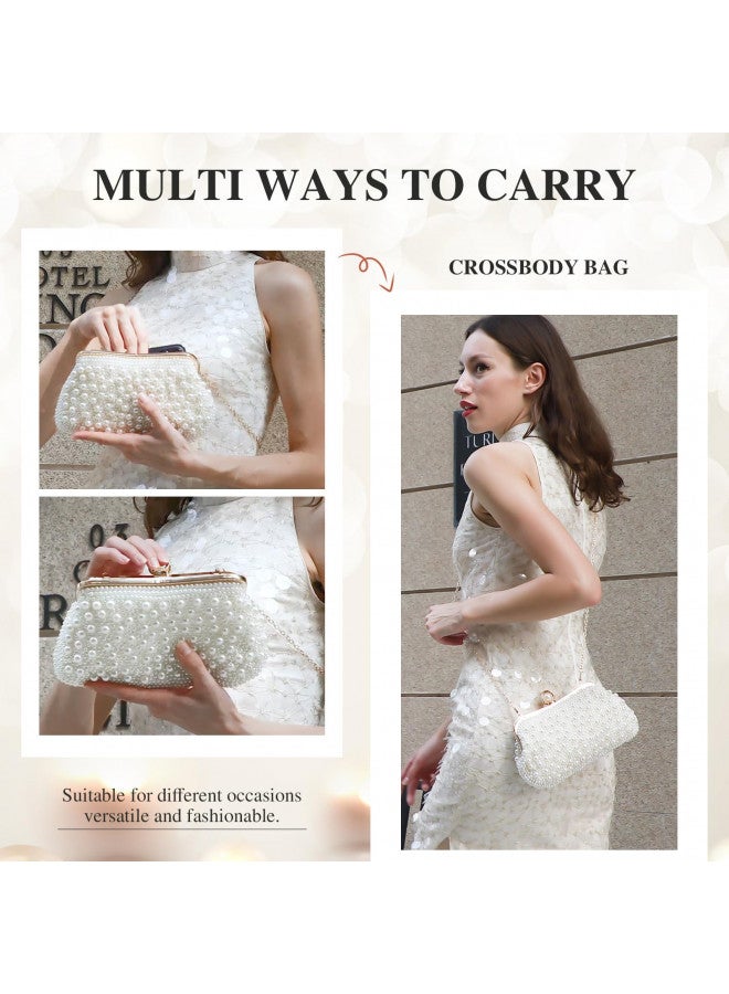UBORSE UBORSE Women Pearl Clutch Bead Rhinestone Evening Clutch Bag with removable Pearl Chain Ivory White  - Image 1