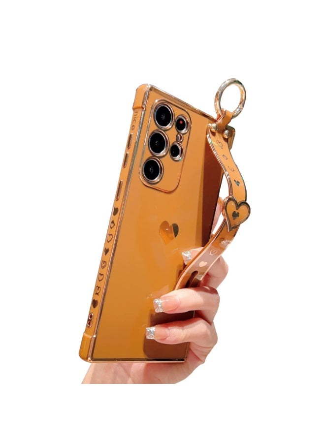 Q TRIPLE A Luxury Heart Case for Samsung Galaxy S23 Ultra, Girly Design, Electroplated Protective Cover with Adjustable Finger Strap & Kickstand, Anti-Fall Fashion Case for Women & Girls (Brown) - Image 1