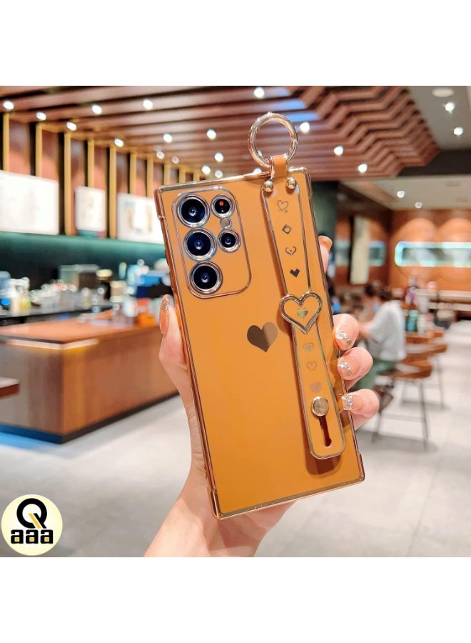 Q TRIPLE A Luxury Heart Case for Samsung Galaxy S23 Ultra, Girly Design, Electroplated Protective Cover with Adjustable Finger Strap & Kickstand, Anti-Fall Fashion Case for Women & Girls (Brown) - Image 2