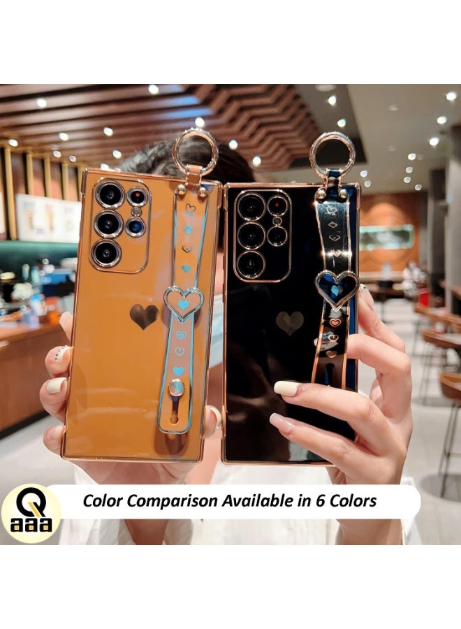 Q TRIPLE A Luxury Heart Case for Samsung Galaxy S23 Ultra, Girly Design, Electroplated Protective Cover with Adjustable Finger Strap & Kickstand, Anti-Fall Fashion Case for Women & Girls (Brown) - Image 3