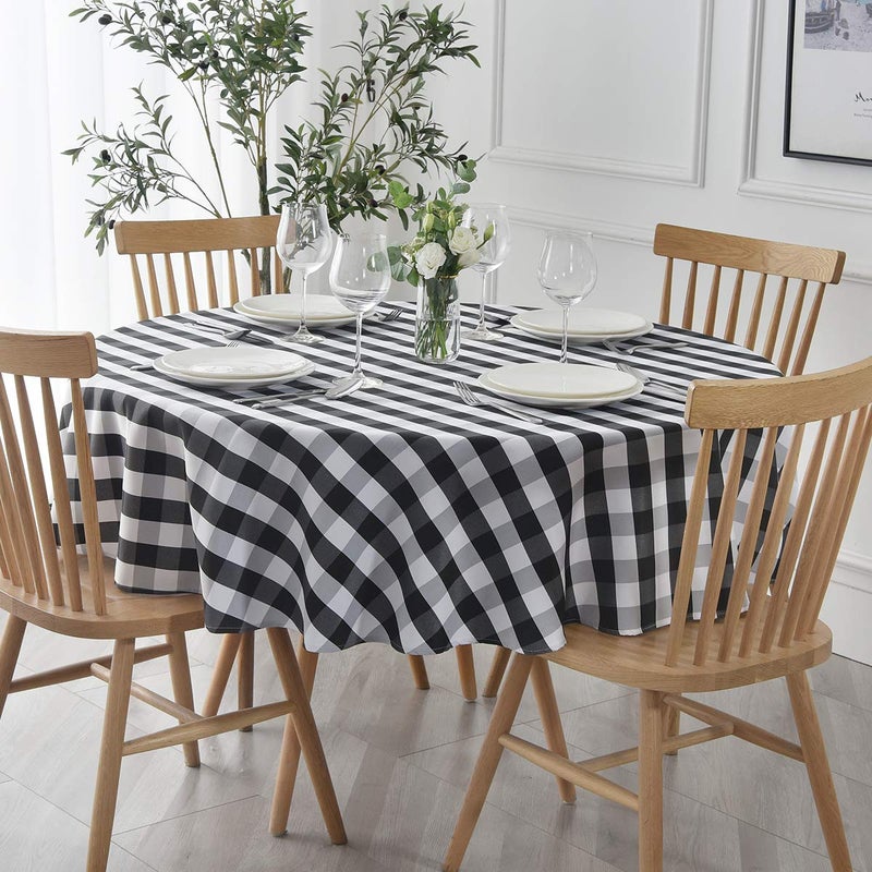 maxmill Round Checkered Tablecloth Spillproof Wrinkle Free Heavy Weight Gingham Table Cloth for Circular Table Cover Buffalo Plaid for Buffet Banquet Parties Holiday Dinner 70 Inch Black and White