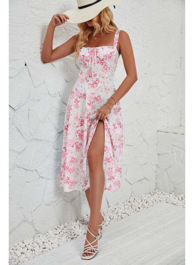 SPRING Summer Straps European And American Women's Fashion Floral Print Pastoral Long Elegant Dress - Image 1