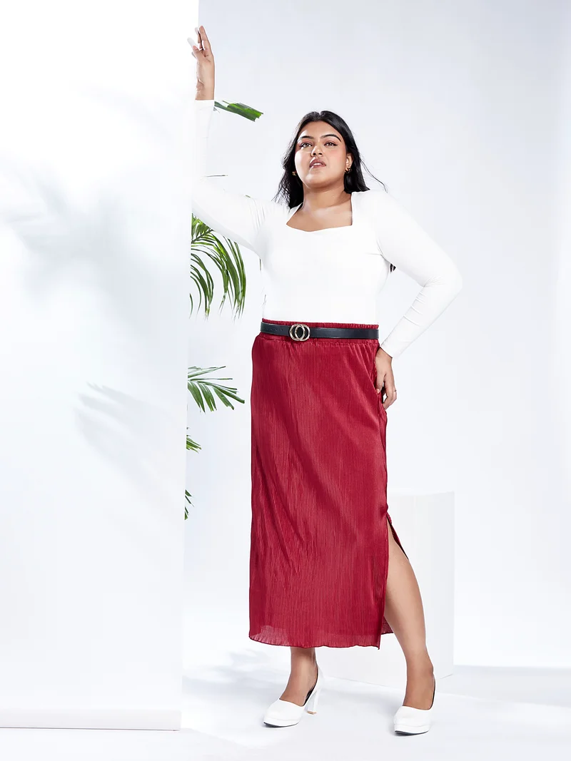 globus Globus Gloplus Women Maroon Mid-Rise Accodian Pleats Side Slits Plus Size Straight Maxi Skirt