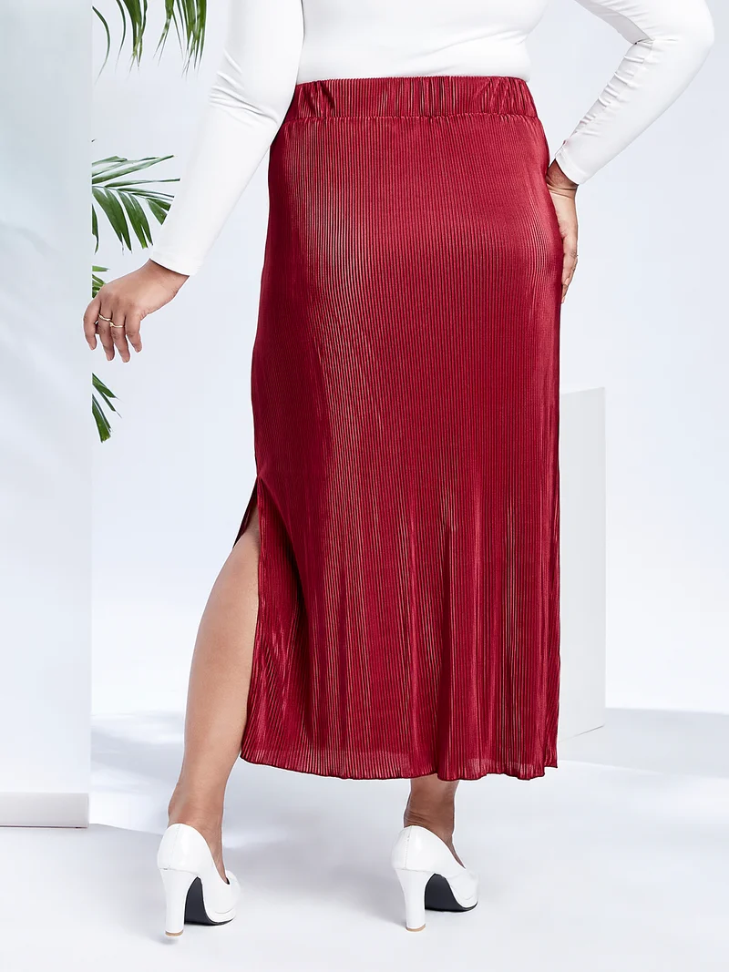 globus Maroon Gloplus Women Maroon Mid-Rise Accodian Pleats Side Slits Plus Size Straight Maxi Skirt for Women | Best Price UAE