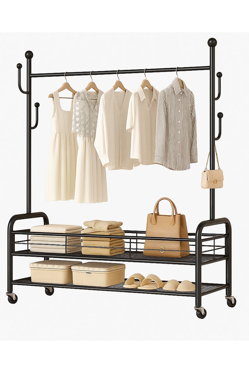 Living Black Double-Layer Clothes Rack with Storage Shelves and Wheels - Heavy Duty Metal Garment Organizer Stand for Bedroom, Boutique, Laundry Room 