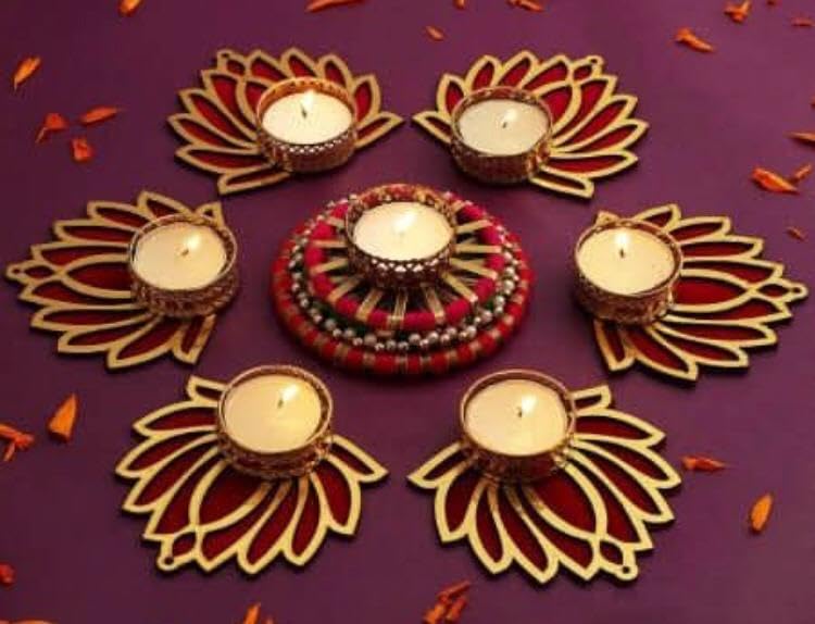 Urban Turtle Handmade Artificial Flower Rangoli Mat Tealight Candle Holders Diya Traditional Colourful Diya Tea Light Candle Set for Diwali Gifting Rose Rangoli Floor Decorations 7 Pcs