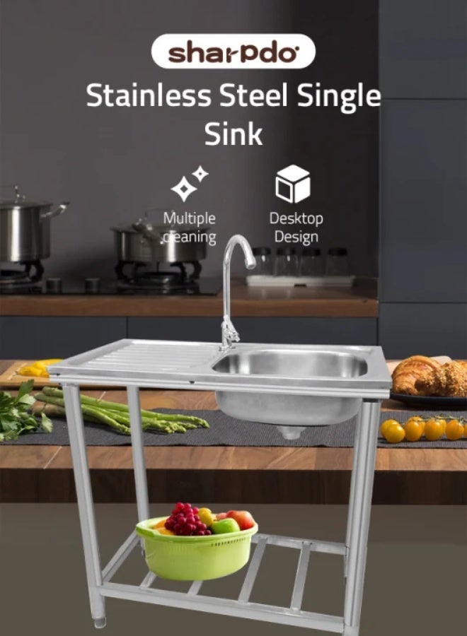 Sharpdo Stainless Steel Single Sink with Side Platform 75×40×75cm, Kitchen Utility Wash Basin with Faucet & Return Bend, Rust-Resistant Easy Clean for Home or Restaurant Use - Image 1