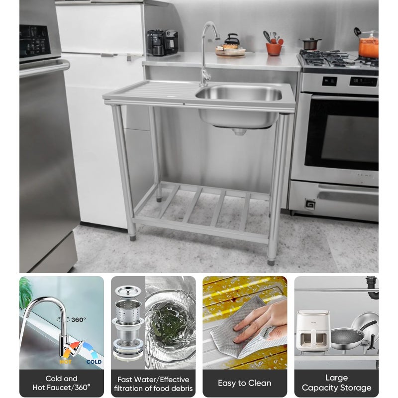 Sharpdo Stainless Steel Single Sink with Side Platform 75×40×75cm, Kitchen Utility Wash Basin with Faucet & Return Bend, Rust-Resistant Easy Clean for Home or Restaurant Use - Image 2