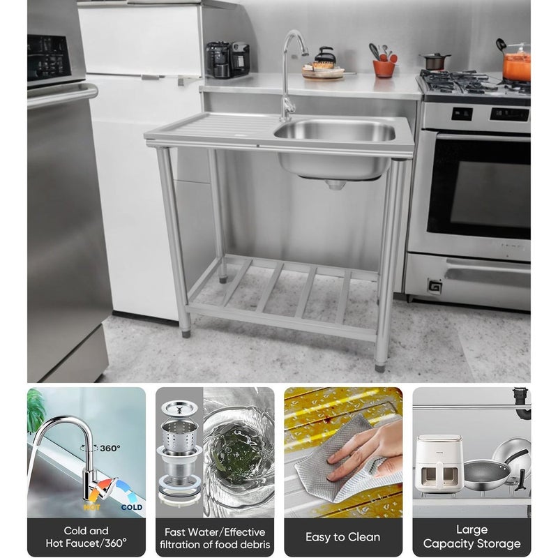 Sharpdo Stainless Steel Single Sink with Side Platform 75×40×75cm, Kitchen Utility Wash Basin with Faucet & Return Bend, Rust-Resistant Easy Clean for Home or Restaurant Use - Image 4