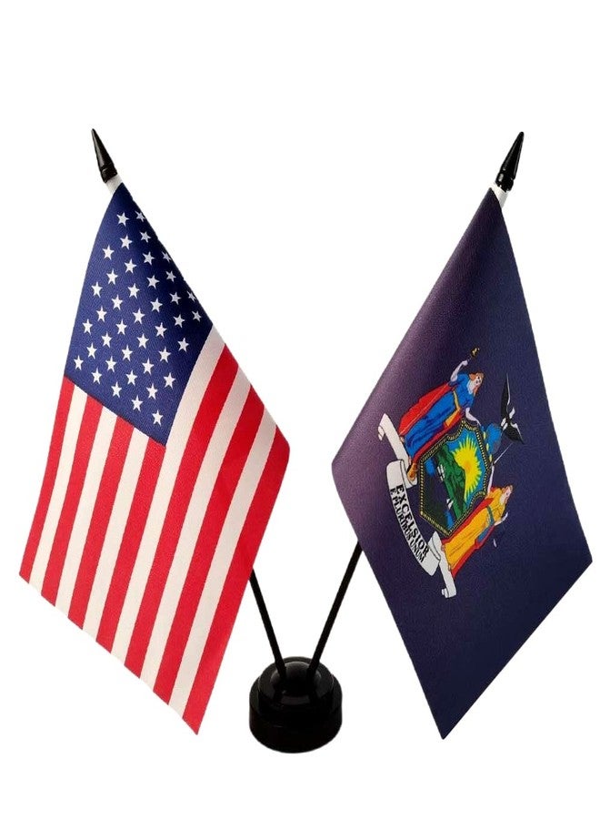 Zigvert America & New York Twin Desk Flag, US New York Table Flags, 8 x 5 Inches American & New York Deluxe Desk Flag Set - Miniature USA & New York Stick Flag with Flag Stand - Image 1