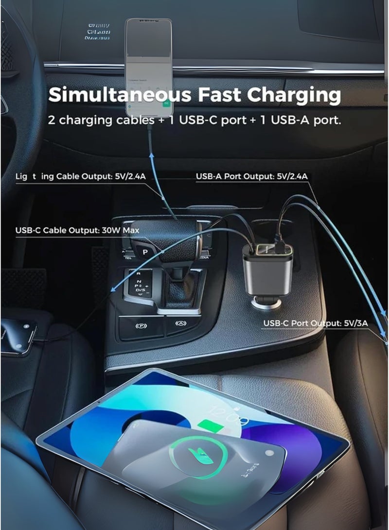 Hoco 4-in-1 Retractable Fast Charging Car Charger with Starry Sky Projector & LED Light, USB-C & USB-A Ports, Retractable Cables Compatible with iPhone 16/15/14/13/12, Galaxy, Pixel & More - Image 3