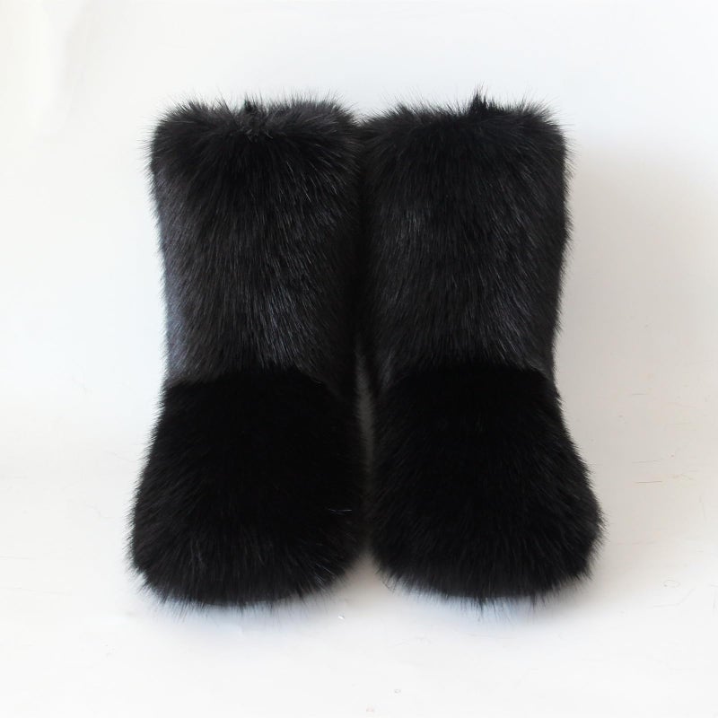 QMFUR Women's Furry Faux Fur Boots Fuzzy Fluffy Mid Calf Snow Boots Suede Warm Fur Lined Booties Flat Fashion Boots (Black 1, 7) - Image 2