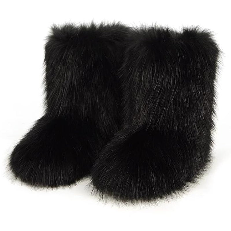 QMFUR Women's Furry Faux Fur Boots Fuzzy Fluffy Mid Calf Snow Boots Suede Warm Fur Lined Booties Flat Fashion Boots (Black 1, 7) - Image 1
