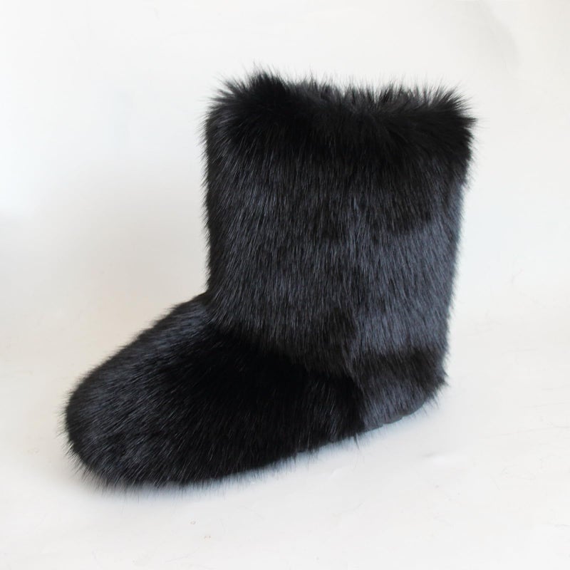 QMFUR Women's Furry Faux Fur Boots Fuzzy Fluffy Mid Calf Snow Boots Suede Warm Fur Lined Booties Flat Fashion Boots (Black 1, 7) - Image 3