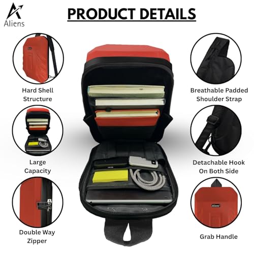 Aliens ABS Hard Shell Sling Bag | 180° Open Crossbody & One Side Shoulder Bag for Mens & Women, Office, Travel & Everyday Mini Backpack for iPad, Tablet, Smartphone,Charger,Headphone,HDD,Camera–Red - Image 2
